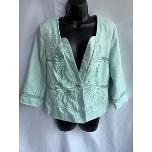 J Song Mint Green Blazer 10 Embroidered 100% Linen Formal Floral Classy Event